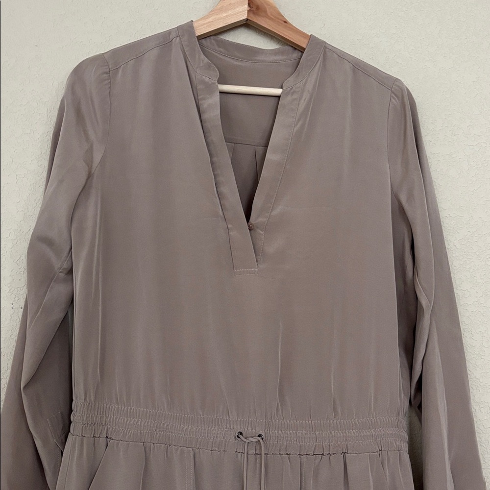 Vince 100% Silk Taupe Drawstring Shirt Dress - Picture 2 of 4